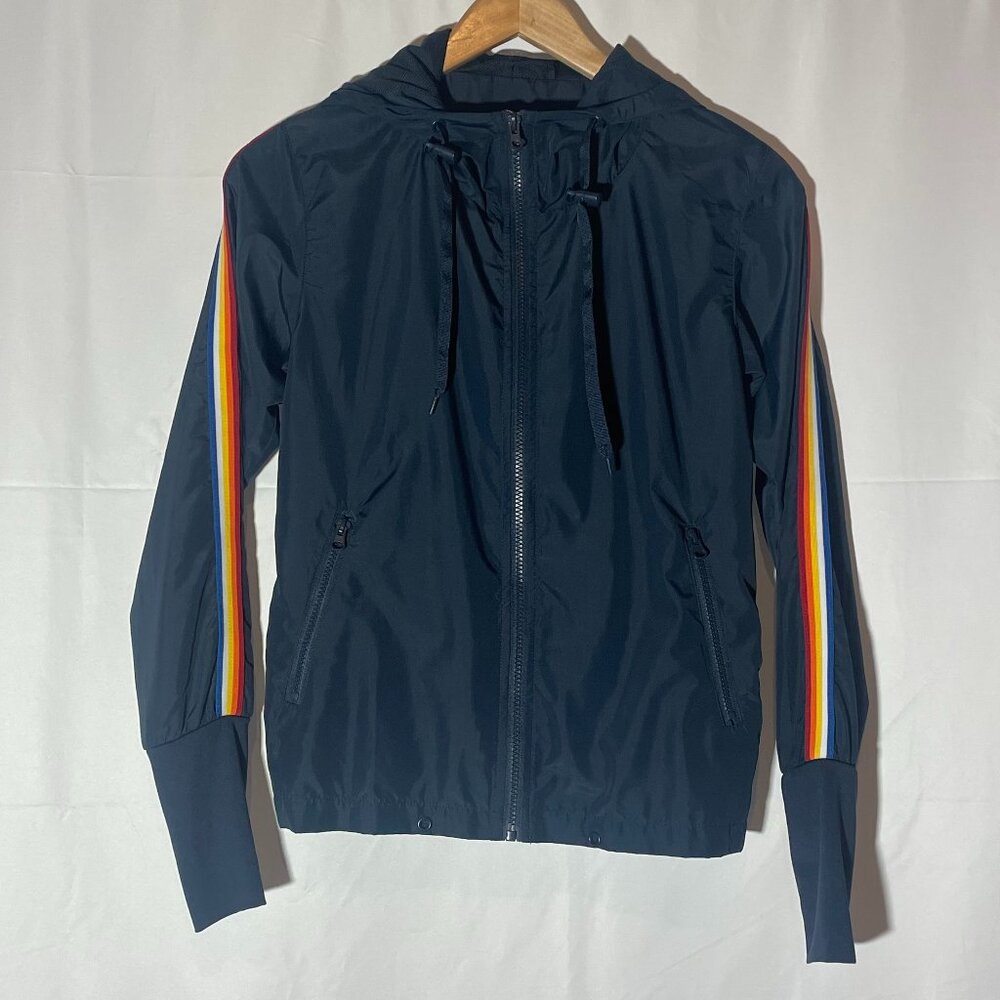 Zyia Active Navy Blue Rainbow Stripe Hooded Lightweight Windbreaker XSmall